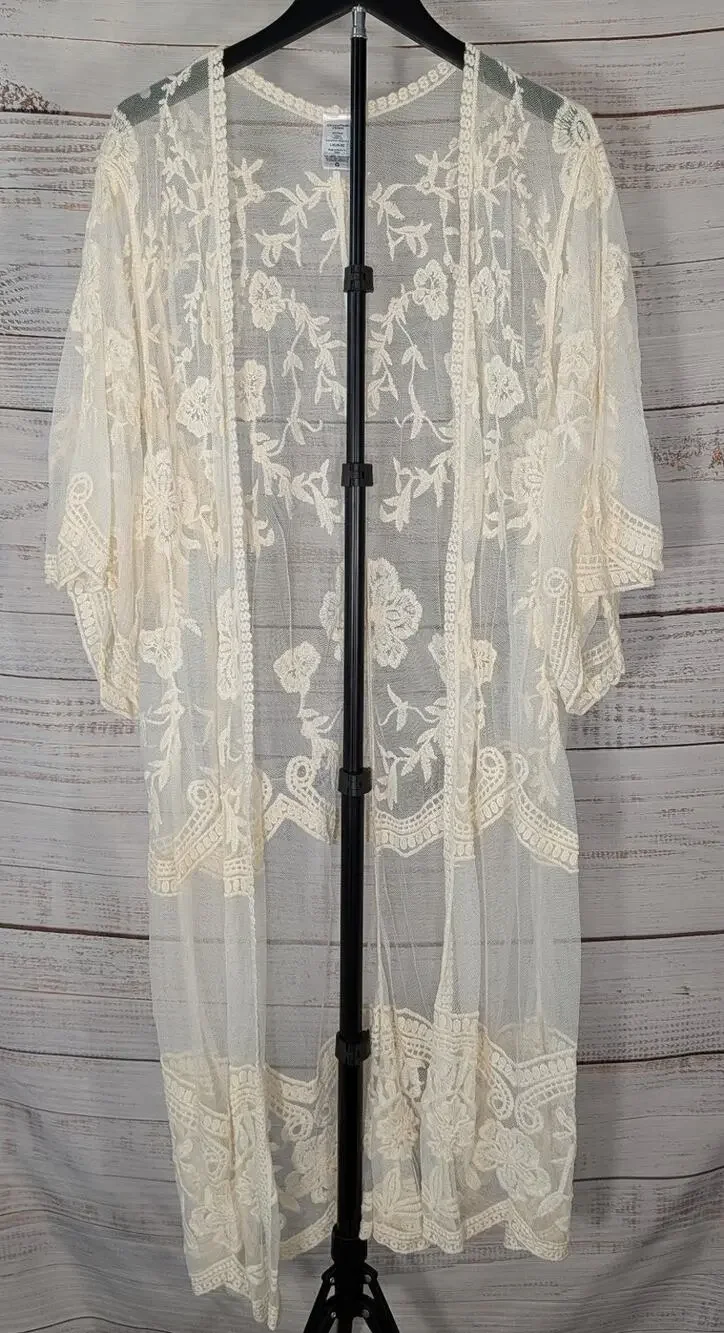 Cream Lace Duster Cardigan L XL Sheer Embroidered Floral Kimono Boho Cottagecore